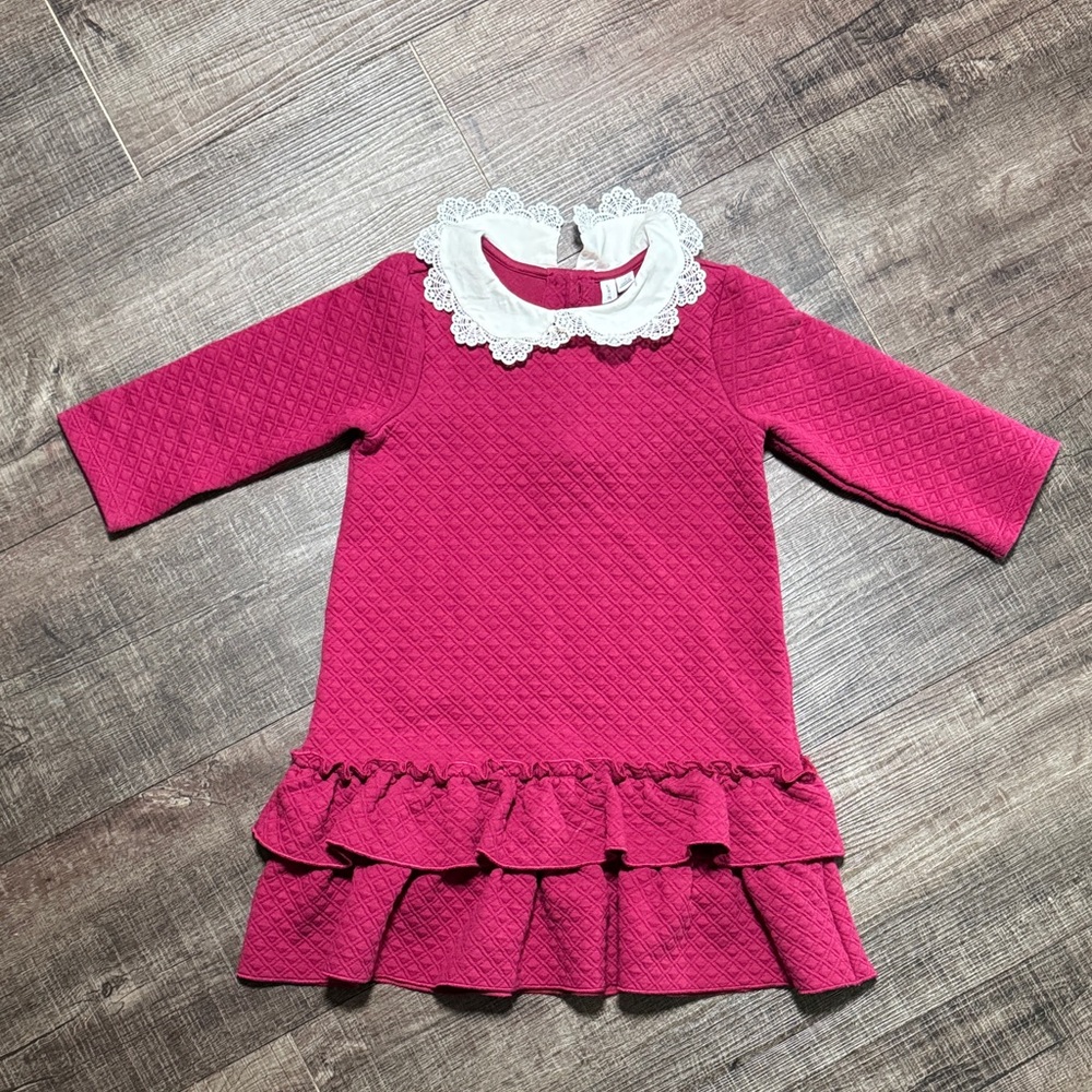 Janie and Jack Hot Pink Quilted Dress with White Lace Collar